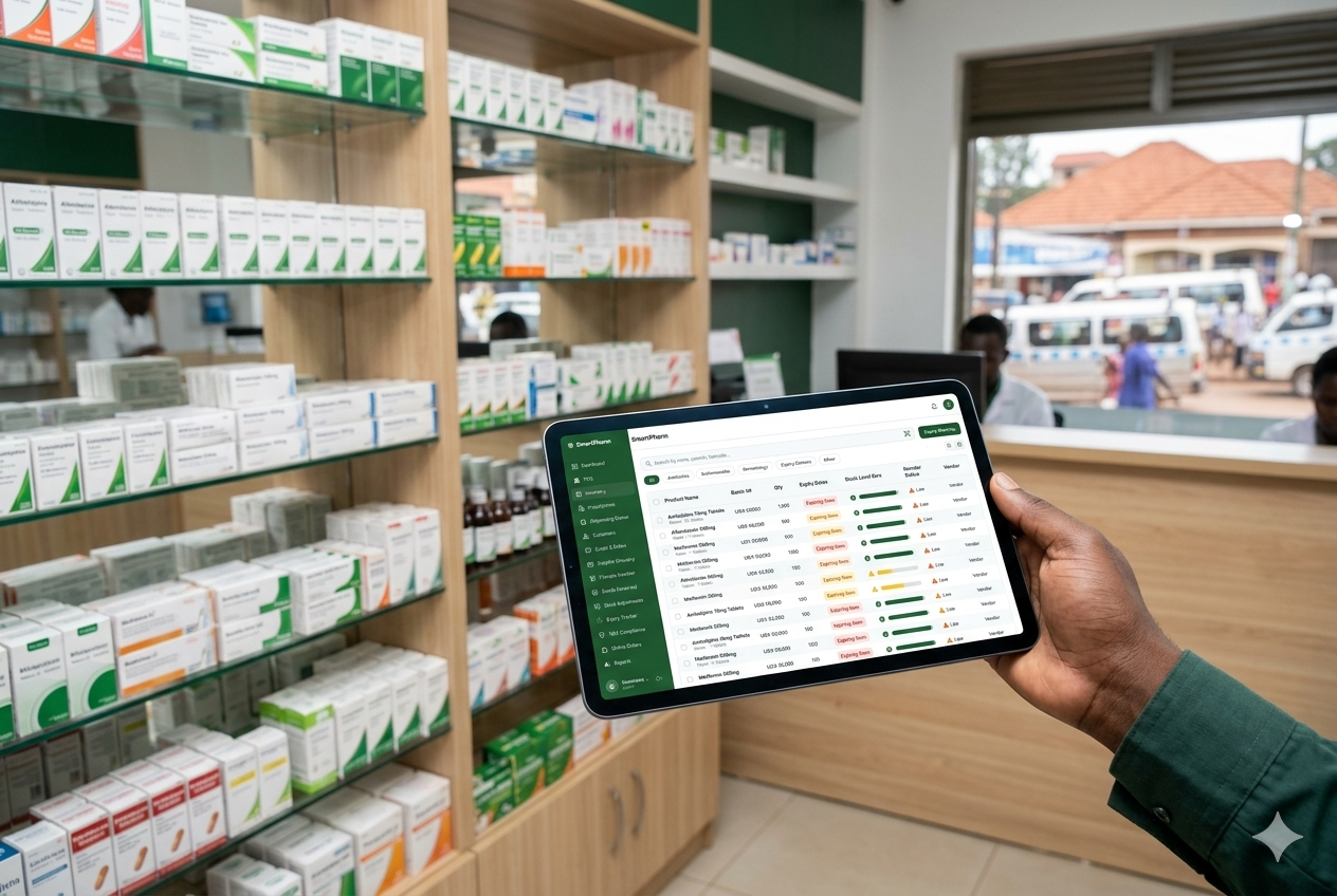 Organised Ugandan pharmacy shelves with a tablet showing FEFO inventory management, expiry date alerts and stock levels